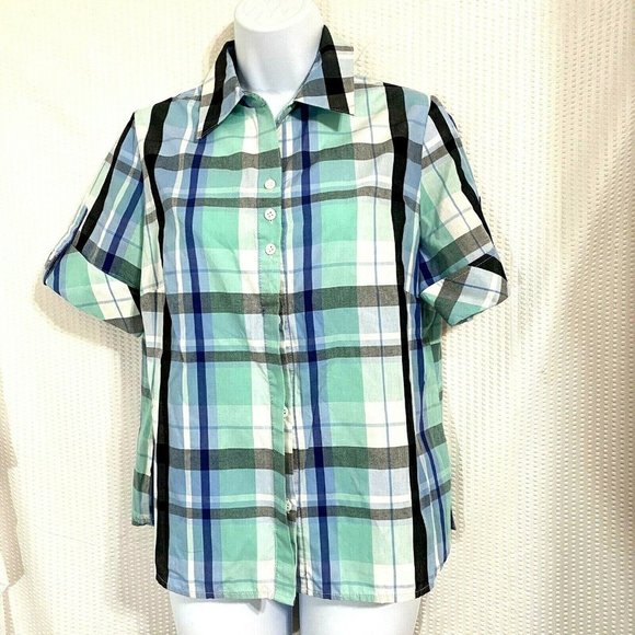 Tops - Petite Plaid Button Down Short Sleeve Shirt